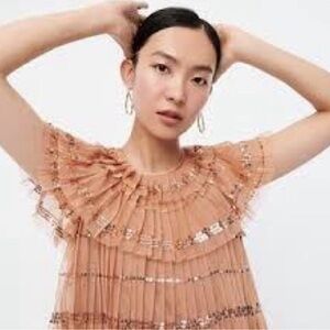 J. Crew Tan Tiered Ruffled Tulle Sequin Blouse
